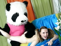 Horny girl playing with toy bear