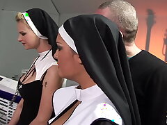 Two naughty nuns get surprised with big hard cocks